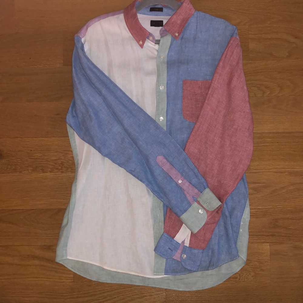 J Crew Men’s Linen Color Block Button Down Shirt